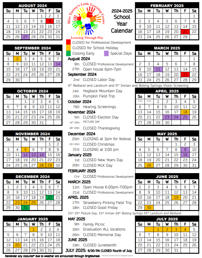 Miss Tammy's 2024-2025 calendar